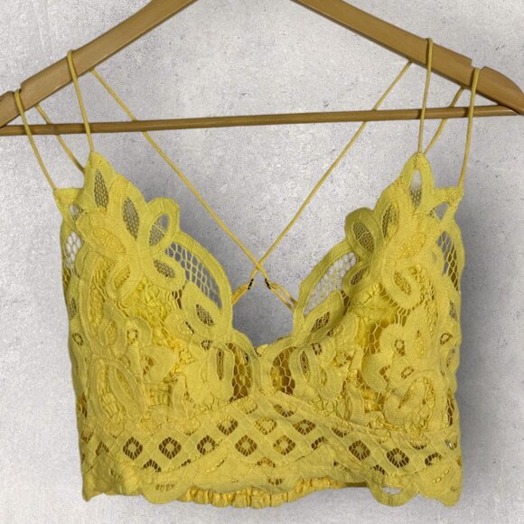 Free People Adella Yellow Bralette Size Medium Lace Bohemian Bra Crochet Y2K Top - Picture 3 of 13